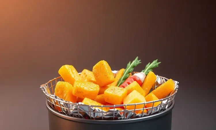 Alimentos coloridos e suculentos sendo preparados dentro de uma airfryer com papel alumínio em um render 3D vibrante.