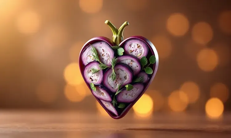 Representação conceitual 3D de berinjelas e ervas simbolizando saúde e bem-estar na culinária saudável.