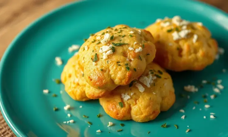 Biscoitos de polvilho crocantes com ervas verdes e queijo parmesão ralado em uma composição 3D colorida.