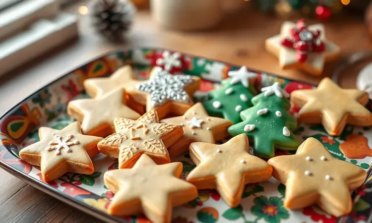 Biscoitos de Natal amanteigados em formatos de estrela e árvore dispostos em uma bandeja colorida e festiva.