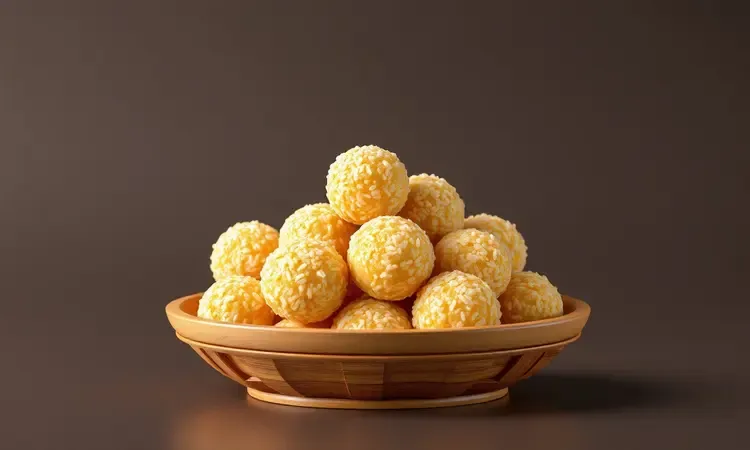 Bolinhos de arroz dourados e crocantes em uma cesta de madeira estilizada em 3D.