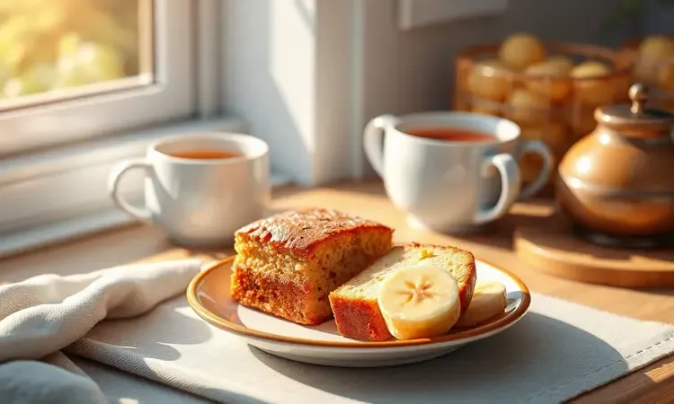 Cena de café da manhã com uma fatia de bolo de banana saudável e uma xícara em ambiente aconchegante.