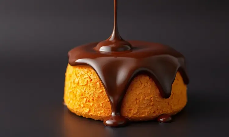 Cobertura de chocolate brilhante e cremosa escorrendo em um estilo 3D conceitual e vibrante.