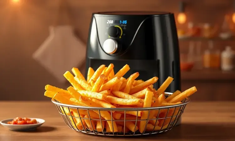 Cesto de air fryer conceitual cheio de batatas fritas douradas e petiscos crocantes com iluminação quente.