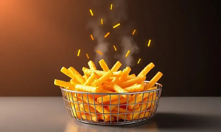 Cesto de fritadeira elétrica com grande capacidade interna e circulação de ar quente ilustrada em 3D.