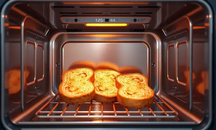 Visualização 3D de fatias de pão douradas dispostas dentro de um compartimento de cozimento amplo e iluminado.