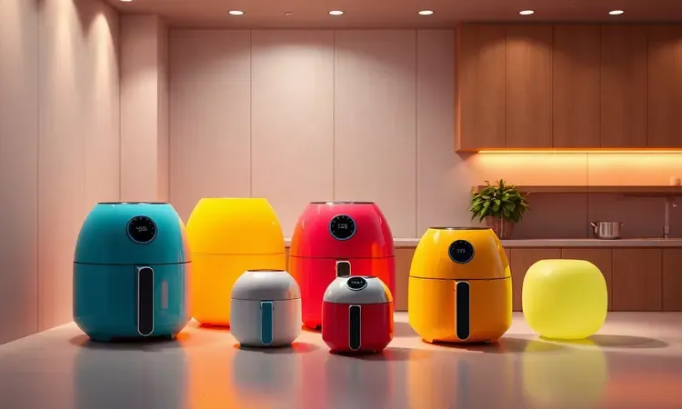 Ilustração conceitual em 3D demonstrando diferentes volumes e capacidades internas para fritadeiras elétricas.