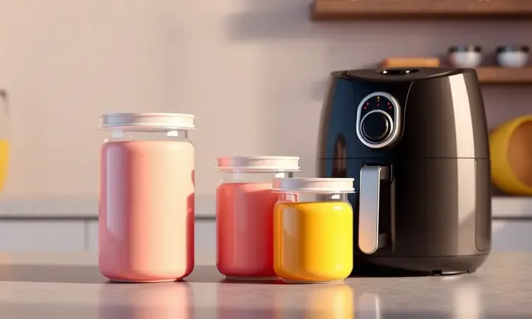 Ilustração 3D comparando diferentes tamanhos e capacidades conceituais de uma air fryer em ambiente moderno.