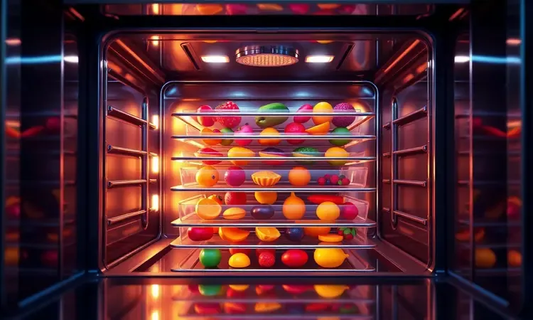 Prateleiras internas de um forno air fryer com elementos coloridos simbolizando diferentes funções de preparo.