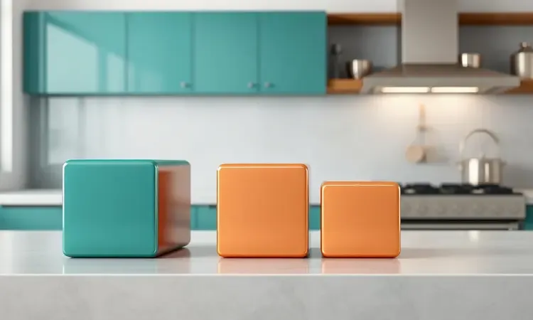 Ilustração em 3D de diferentes tamanhos de recipientes representando a variedade de capacidades em litros de air fryers.