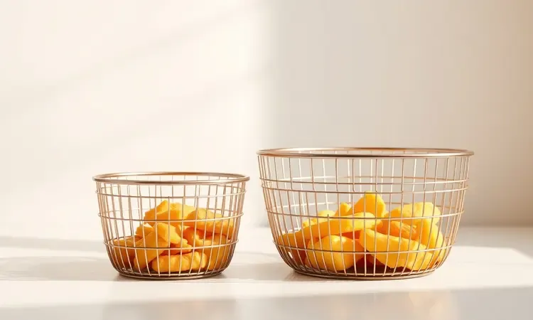Comparação entre diferentes tamanhos de cestos de air fryer estilizados para representar volumes variados de capacidade.