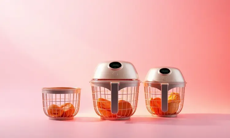 Visualização 3D de diferentes tamanhos de cestos de air fryer para ilustrar a escolha de capacidade em litros.