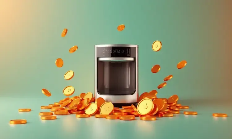 Representação conceitual 3D de uma air fryer estilizada ao lado de moedas douradas, simbolizando economia e qualidade.