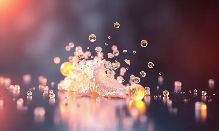Visualização conceitual em 3D de gotículas de umidade e partículas de sal interagindo com uma superfície metálica brilhante.