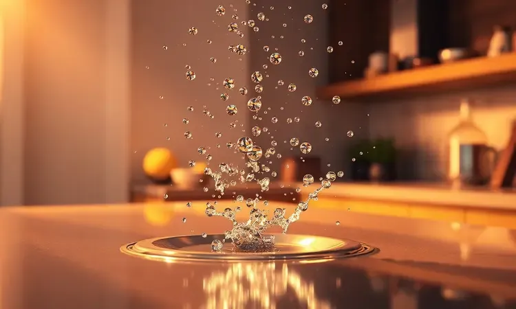 Ilustração 3D conceitual de gotas de água sobre uma superfície metálica aquecida, representando o processo de oxidação.