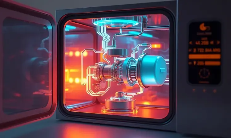 Representação 3D de fluxos de energia elétrica e componentes mecânicos internos em um estilo conceitual vibrante.
