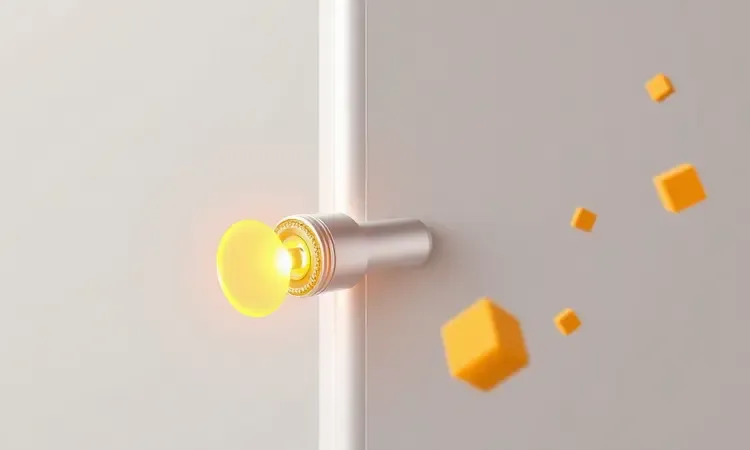 Ilustração 3D conceitual de um mecanismo de liberação de cesto de airfryer com luzes quentes e design minimalista.