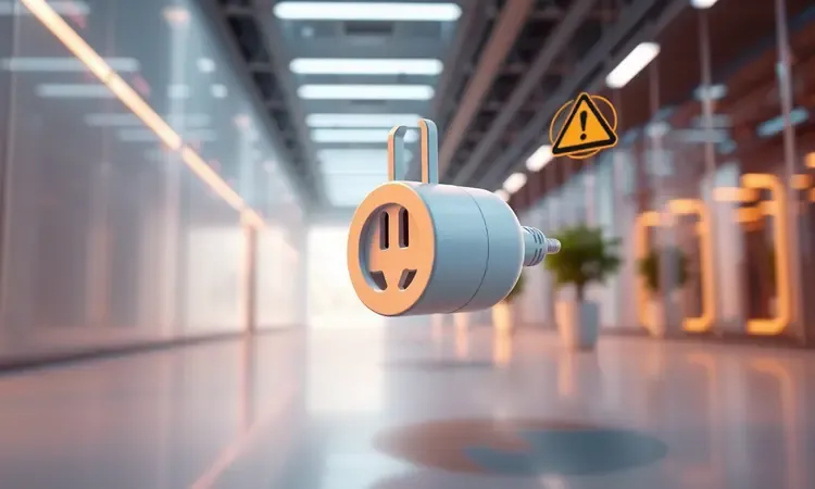 Composição 3D estilizada com um plugue de tomada e elementos de segurança elétrica em tons vibrantes.