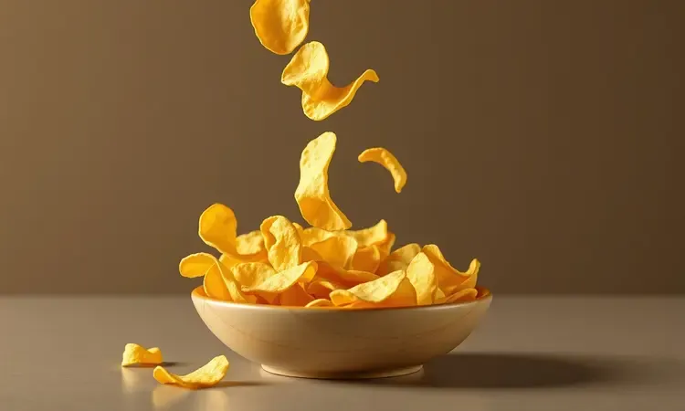 Chips finos e dourados de batata baroa caindo em uma tigela de cerâmica moderna.