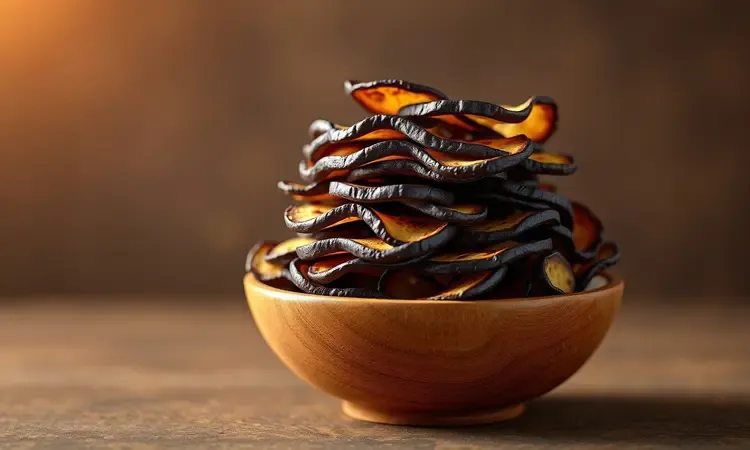 Chips de berinjela crocantes e finos em uma tigela moderna com iluminação dramática 3D.