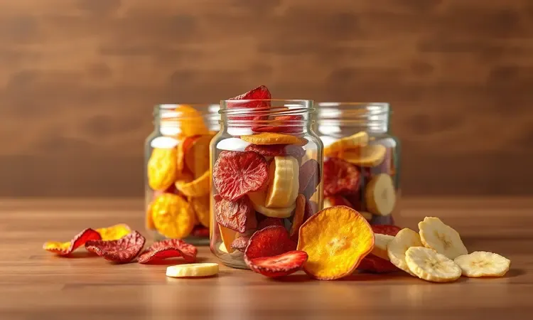 Variedade de chips de frutas desidratadas coloridas como manga e morango em uma composição artística.