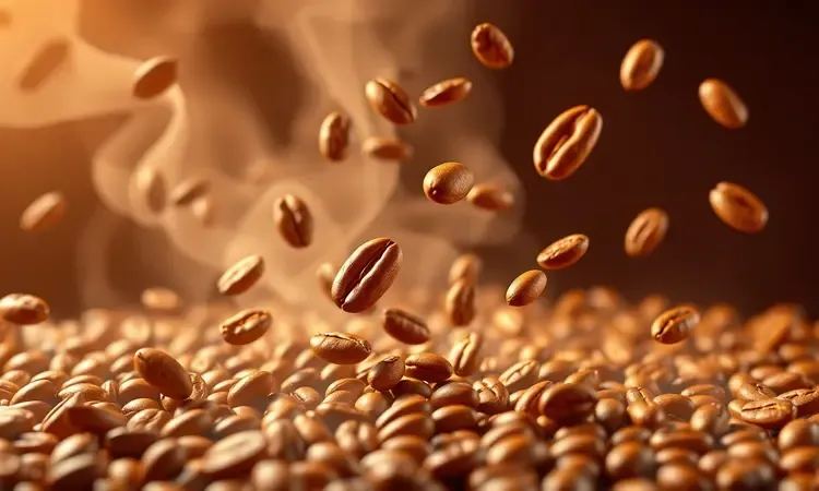 Visualização 3D das correntes de ar quente circulando entre grãos de café em processo de torra conceitual.