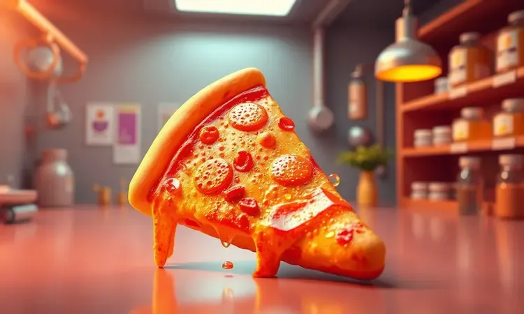 Representação conceitual 3D de fatias de pizza e a ciência da umidade na massa.