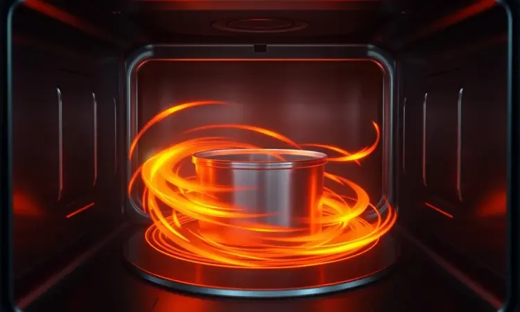 Representação visual do fluxo de ar quente circulando dentro de uma airfryer com uma forma interna.