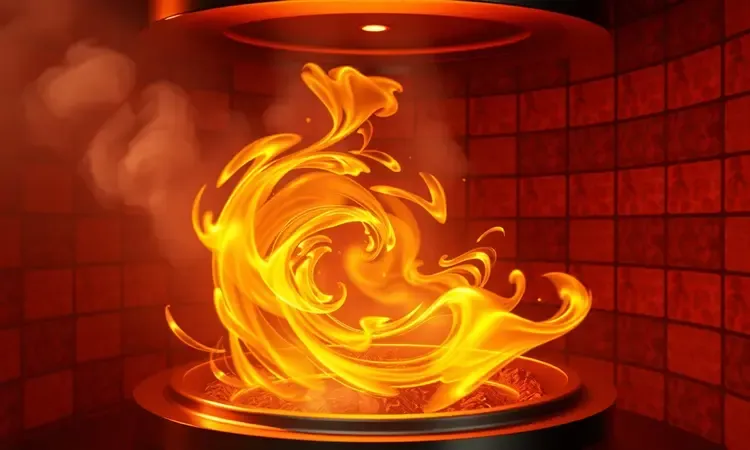 Ilustração conceitual de correntes de ar quente circulando de forma circular e intensa em um ambiente de cozimento.