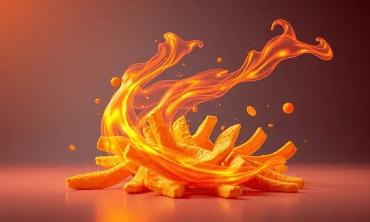 Visualização 3D de correntes de ar quente circulando fatias de batata para criar textura crocante.