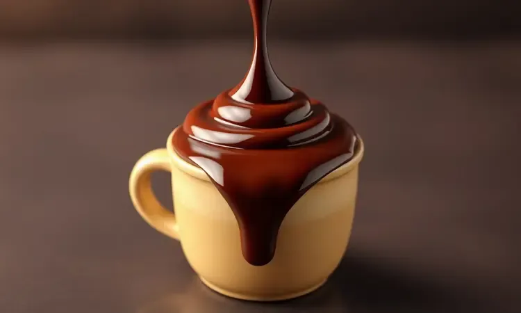 Cobertura de chocolate brilhante e cremosa sobre bolo de caneca em 3D.