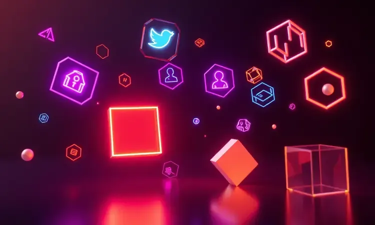 Representação digital abstrata 3D de alertas e ícones de interface tecnológica.
