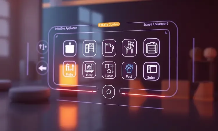 Interface digital conceitual em 3D com luzes suaves e ícones modernos representando painel de controle de eletrodoméstico.