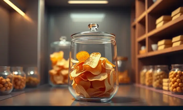 Recipiente de vidro hermético moderno com batatas chips crocantes em uma despensa organizada e iluminada.