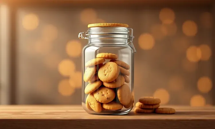 Pote de vidro moderno guardando biscoitos amanteigados para conservar o frescor em um ambiente acolhedor.