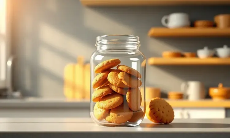 Pote de vidro hermético armazenando biscoitos crocantes em uma prateleira de cozinha iluminada.