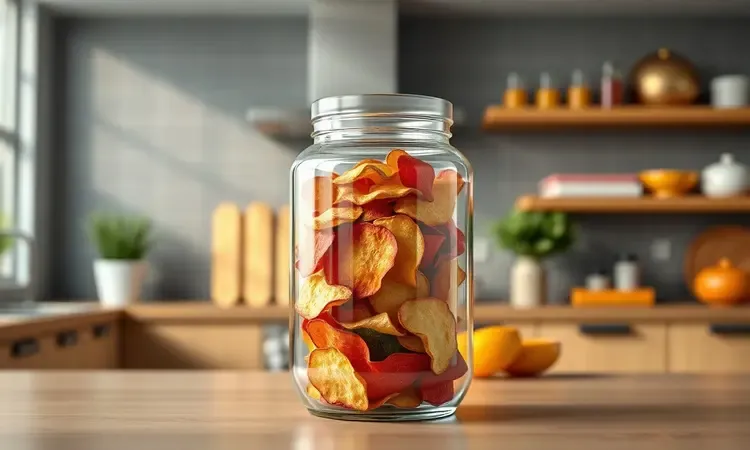Um pote de vidro hermético transparente contendo chips de vegetais coloridos e crocantes.
