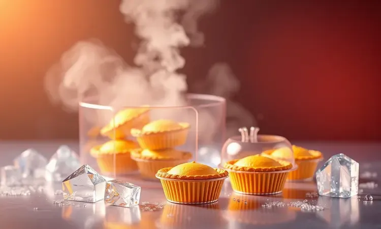 Visualização conceitual 3D de empadinhas doces armazenadas em recipientes modernos para conservação.