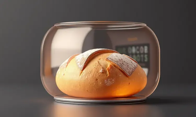 Pão fresco armazenado em um ambiente limpo e moderno para preservação da maciez.