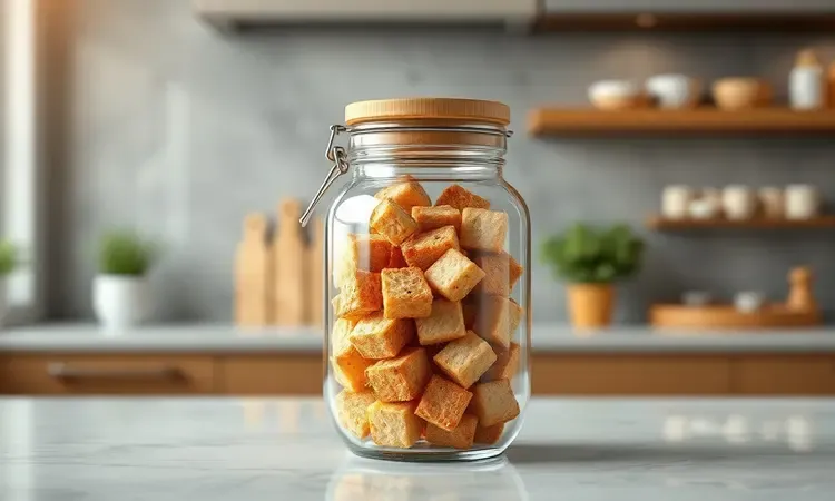 Um pote de vidro hermético com tampa de bambu guardando croutons dourados na cozinha moderna.