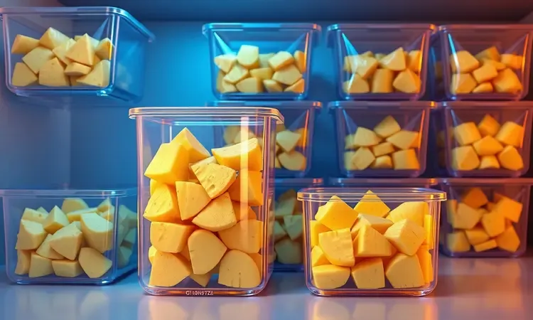 Representação 3D de recipientes modernos organizando pedaços de mandioca para armazenamento e congelamento.