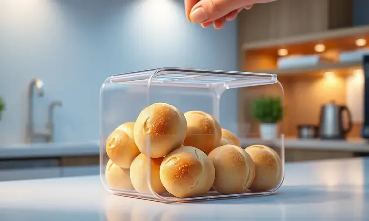 Pãezinhos de tapioca em um recipiente de armazenamento moderno e transparente para congelamento em 3D.