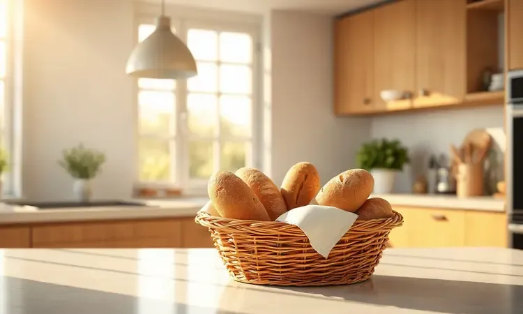 Cena conceitual 3D de armazenamento de pães frescos em uma cozinha moderna e acolhedora com luz solar.