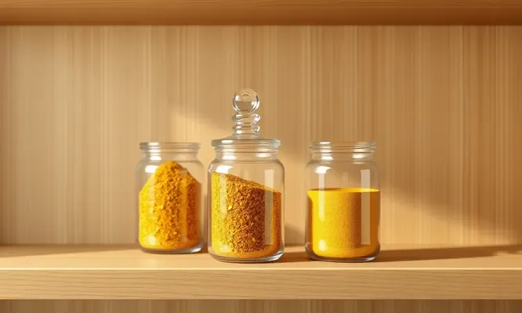 Frascos de vidro conceituais armazenando tempero lemon pepper caseiro em uma prateleira de madeira.