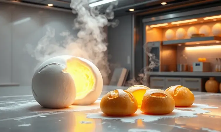 Cena conceitual 3D mostrando pães de queijo congelados e o resultado final assado e crocante.