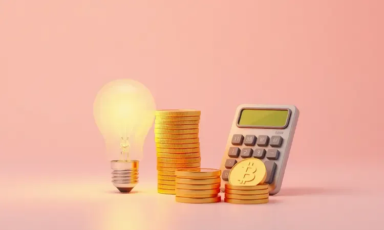 Ilustração 3D conceitual representando o cálculo de gastos e economia de energia com eletrodomésticos de cozinha.