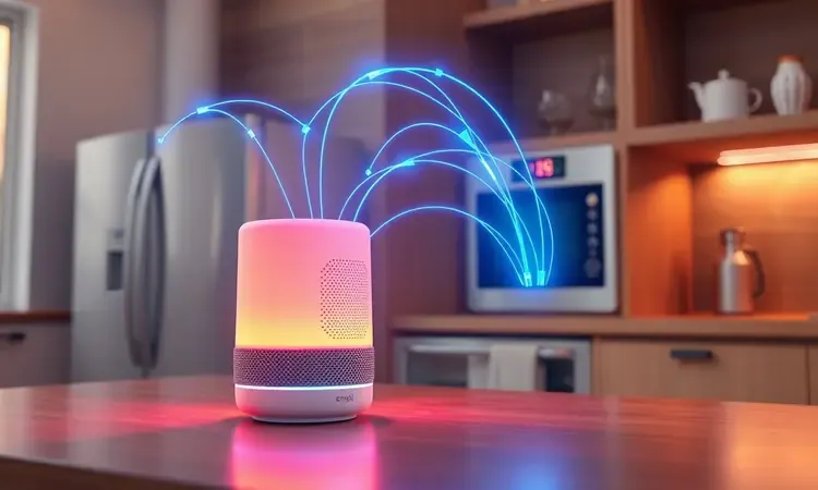 Cena 3D tecnológica mostrando a conexão sem fio entre um assistente de voz e uma fritadeira elétrica em uma cozinha futurista.