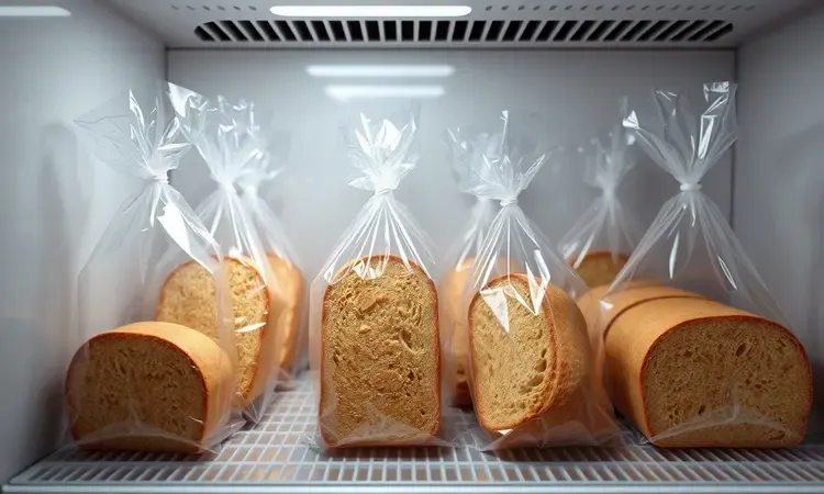 Pães artesanais fatiados e organizados de forma estilizada para congelamento.