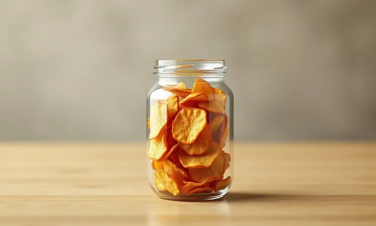 Pote de vidro minimalista selado contendo chips de alho frito dourados em uma prateleira de madeira limpa.