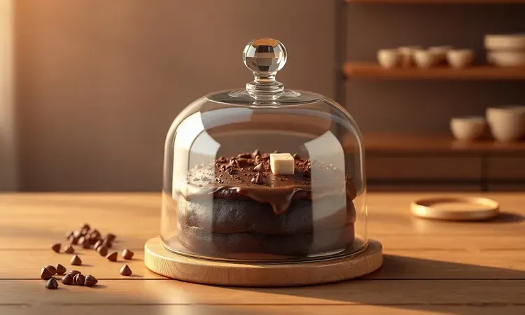 Cena aconchegante em 3D de um bolo de chocolate guardado sob uma cúpula de vidro em um balcão de madeira.